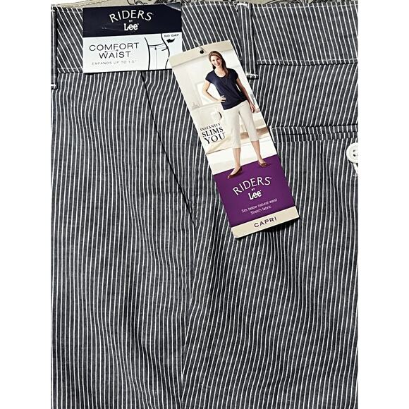 NWT LEE Riders Comfort No Gap Waist Blue Stripes Casual Capri Size 16 - Picture 2 of 2